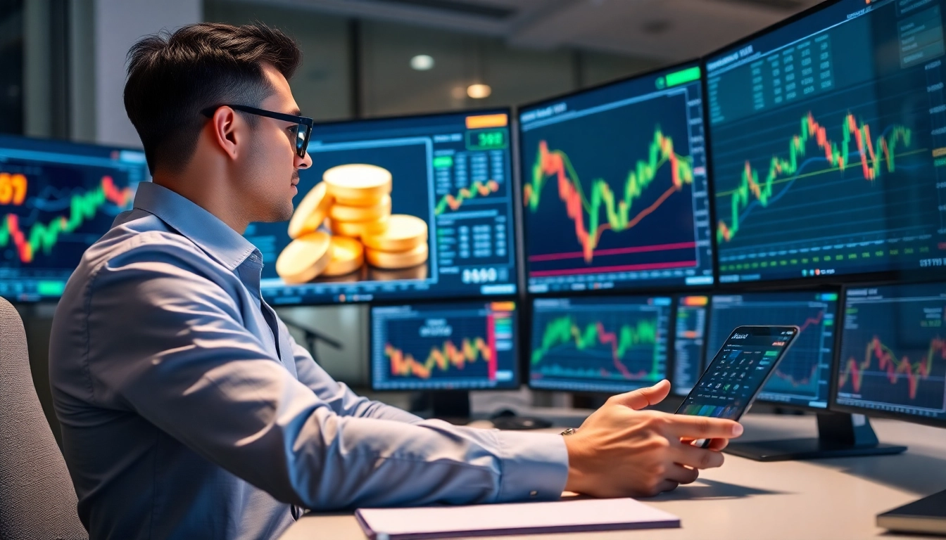 Investment News analysis with stock charts and gold prices displayed on screens in a modern