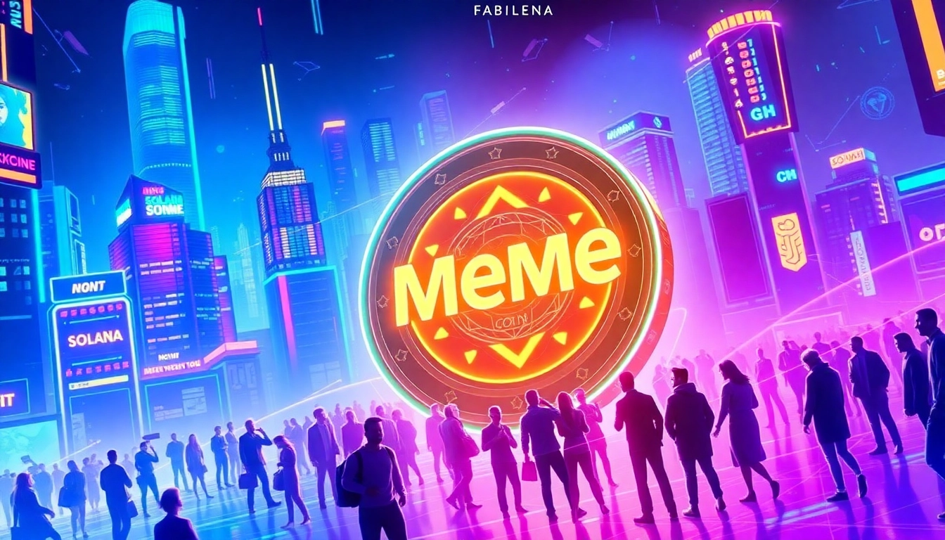 Solana Meme Coin rising in a futuristic digital landscape with vibrant blockchain visuals and