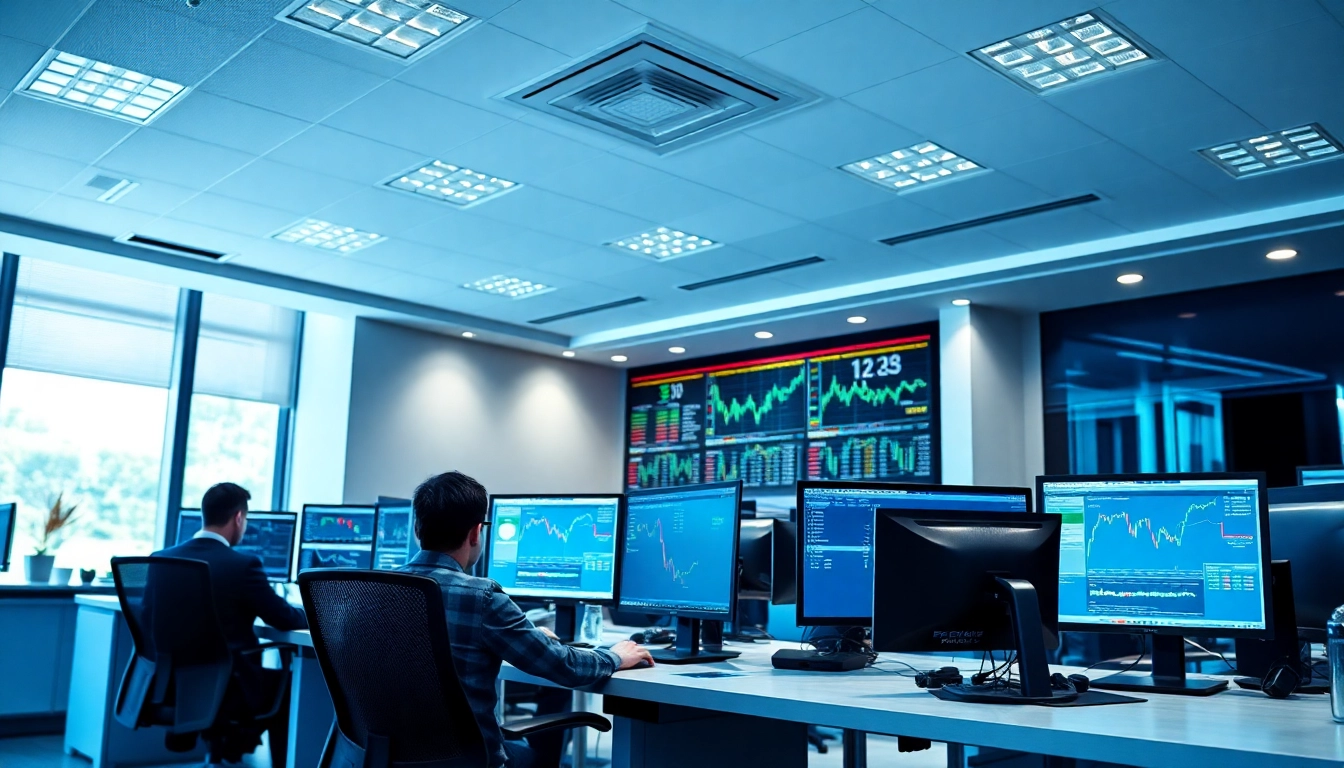 Forex Broker UK professionals working in a modern trading office environment with multiple